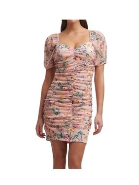 Guess Pink Floral Puff-Sleeve Ruched Mini Dress